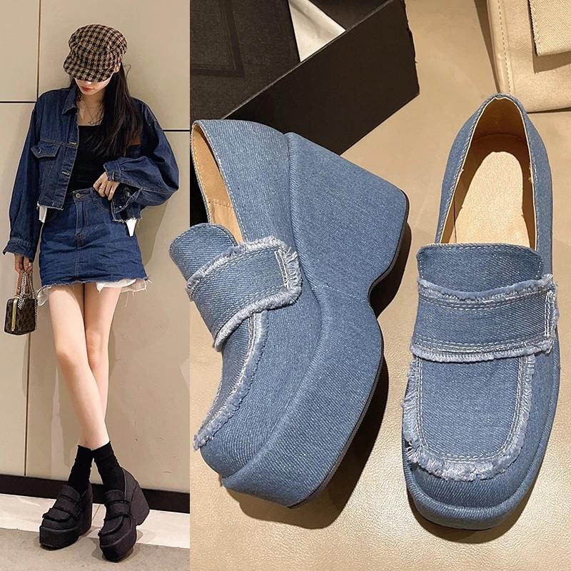 New High Heel Women Shoes Platform Women Denim Shoes Slip On Thick High Heels Fashion Woman Round Toe Chunky Heels D25