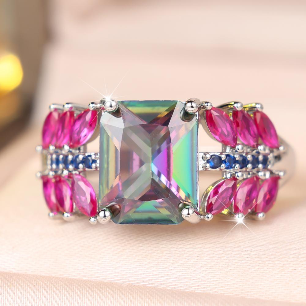 Luxury Silver Color Rainbow Ring for Women Emerald Cut Zircon Wedding Banquet Fashion Jewelry Gift