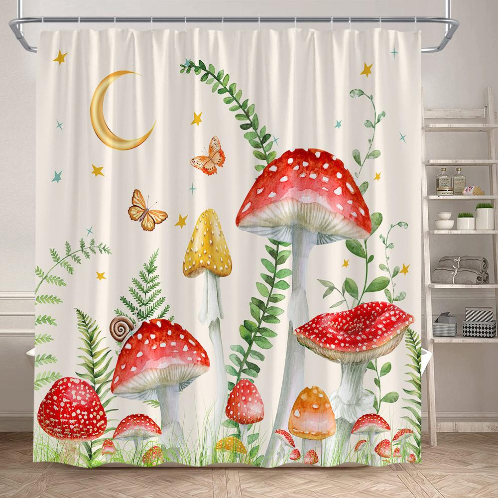 Rustic Mushroom Shower Curtain Floral Plant Leaves Moth Dragonfly Black Bathroom Curtains Polyester Fabric Home Decor with Hooks
