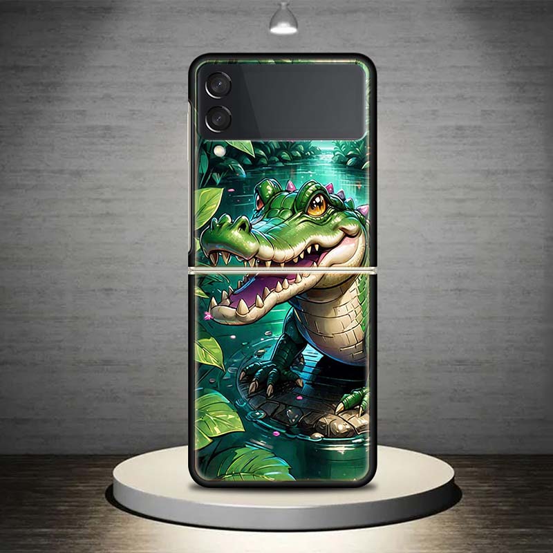 Crocodile Animal For Samsung Galaxy Z Flip 6 5 4 3 5G Phone Case Black Hard Cover ZFlip 6 5 4 3 Shockproof Bumper Coque