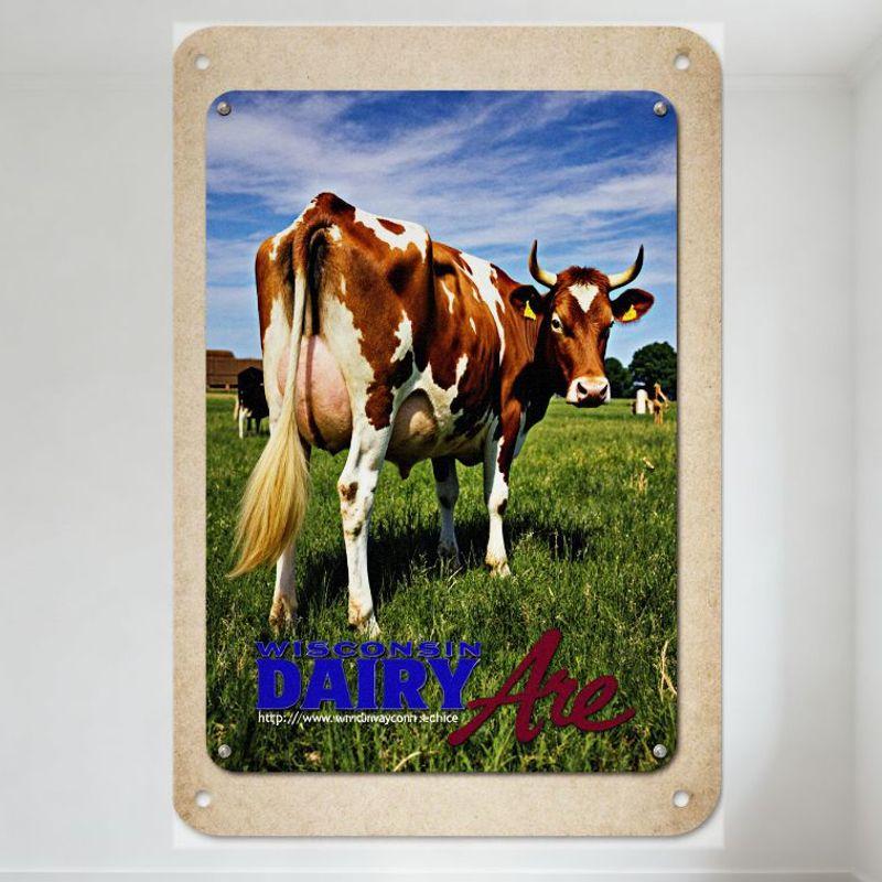 Wisconsin Dairy Cow Metal Sign Vintage Rustic Farmhouse Decor, Brown White Cow in Green Field with Blue Sky Wooden Barn, Tin Pos