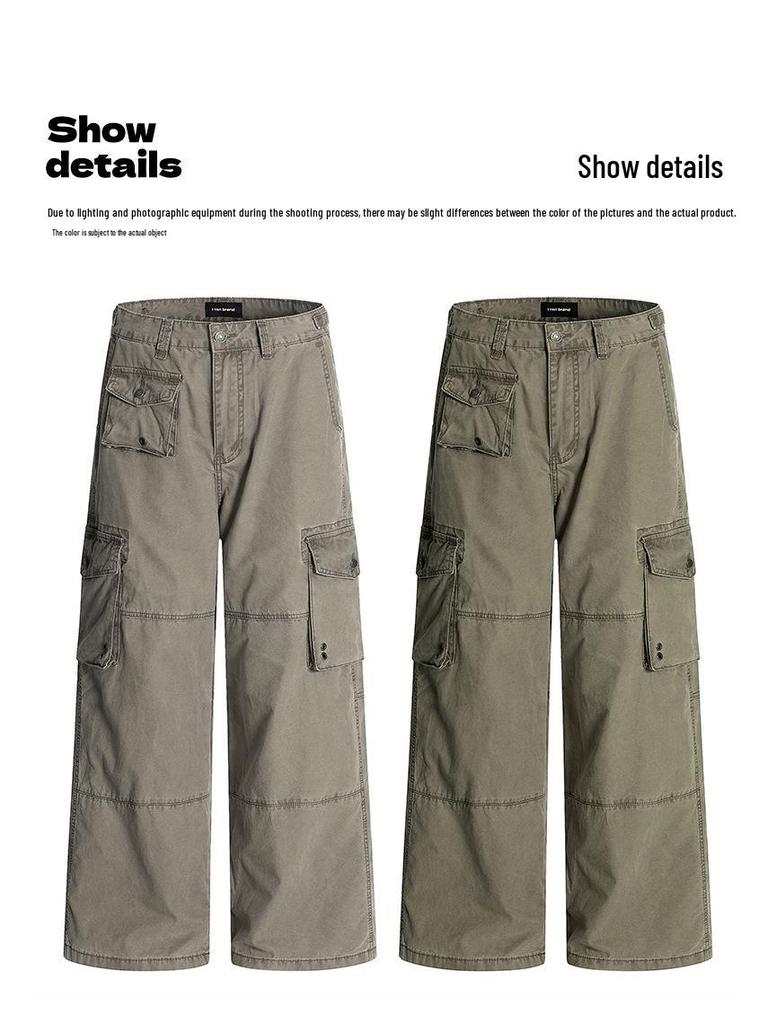 Yongfang Unisex Retro Spodnie Casualowe z Wysokim Stanem i Wieloma Kieszeniami z Kontrastowymi Przeszyciami.