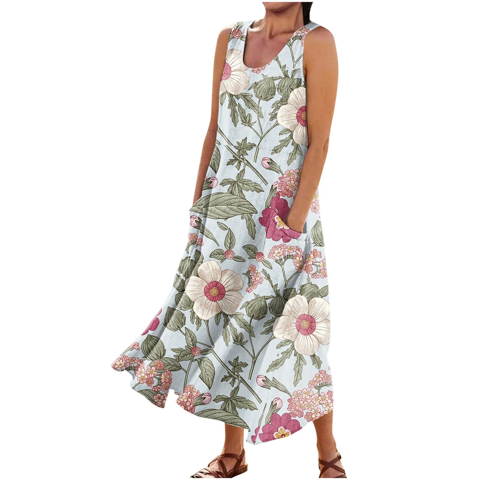 

Women s Summer Casual Fashion Retro Printed Sleeveless Round Neck Pocket Dress L