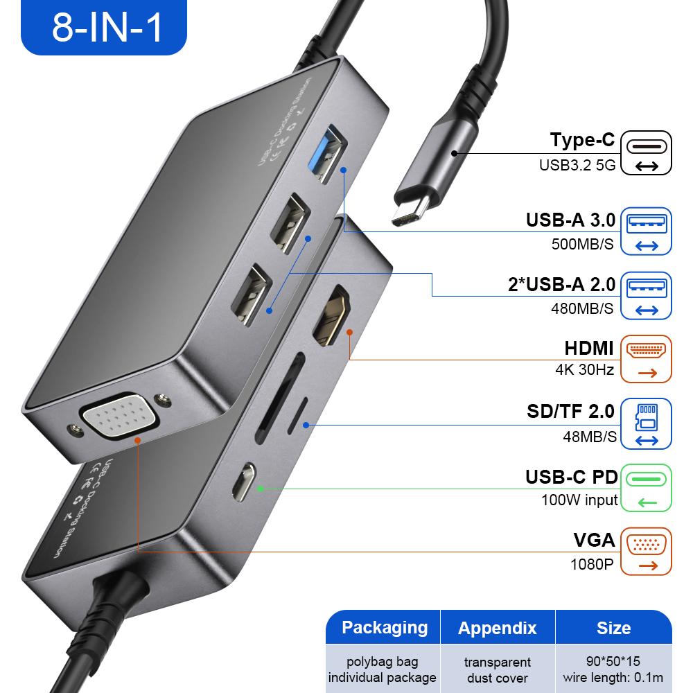 ULT-unite Aluminum Alloy USB Type C Hub 4K 30Hz with USB 3.0/USB 2.0/SD/TF/VGA PD100W Charging Ports 8 in 1