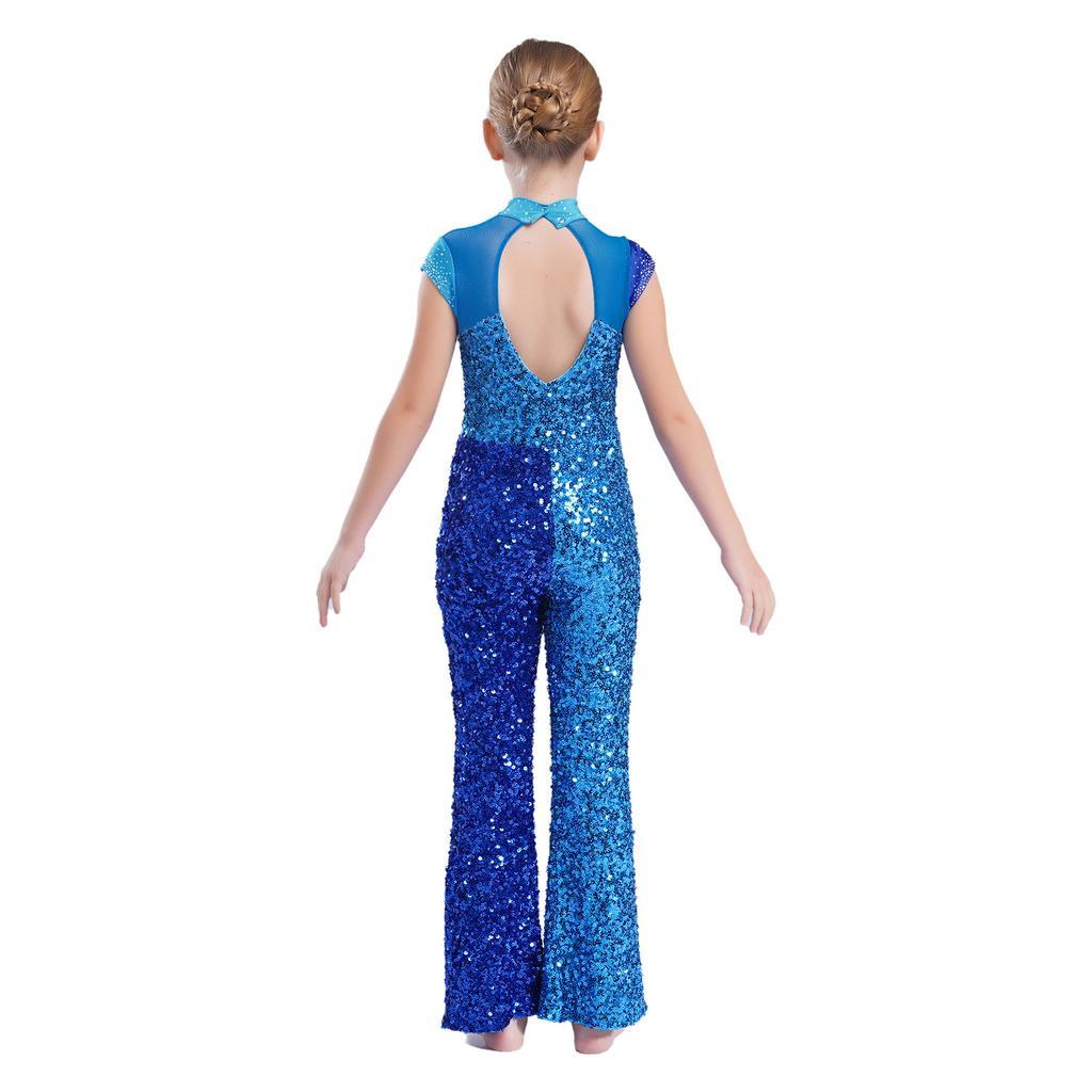 Mädchen Jazz Jumpsuit Ärmellos Mock Neck Keyhole Rücken Design Glitzernder Farbblock Pailletten Bühnenkostüm