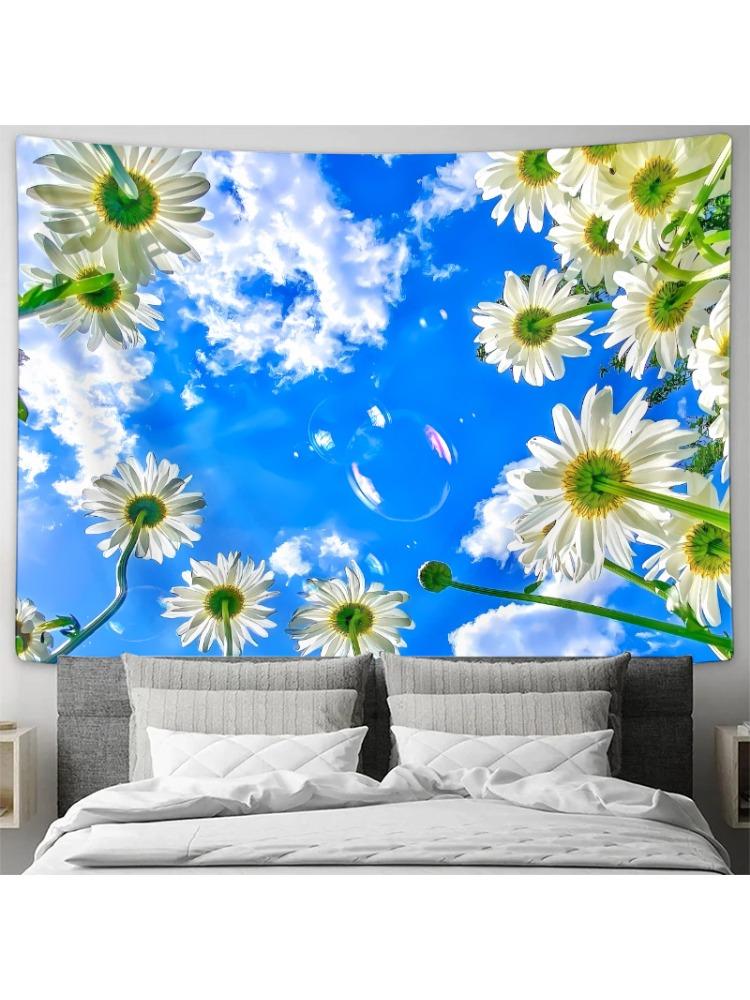 White Daisy with Blue Sky and White Clouds Background Hanging Cloth Decorative Wall Hanging Tapestry 74x94cm(29x37in)