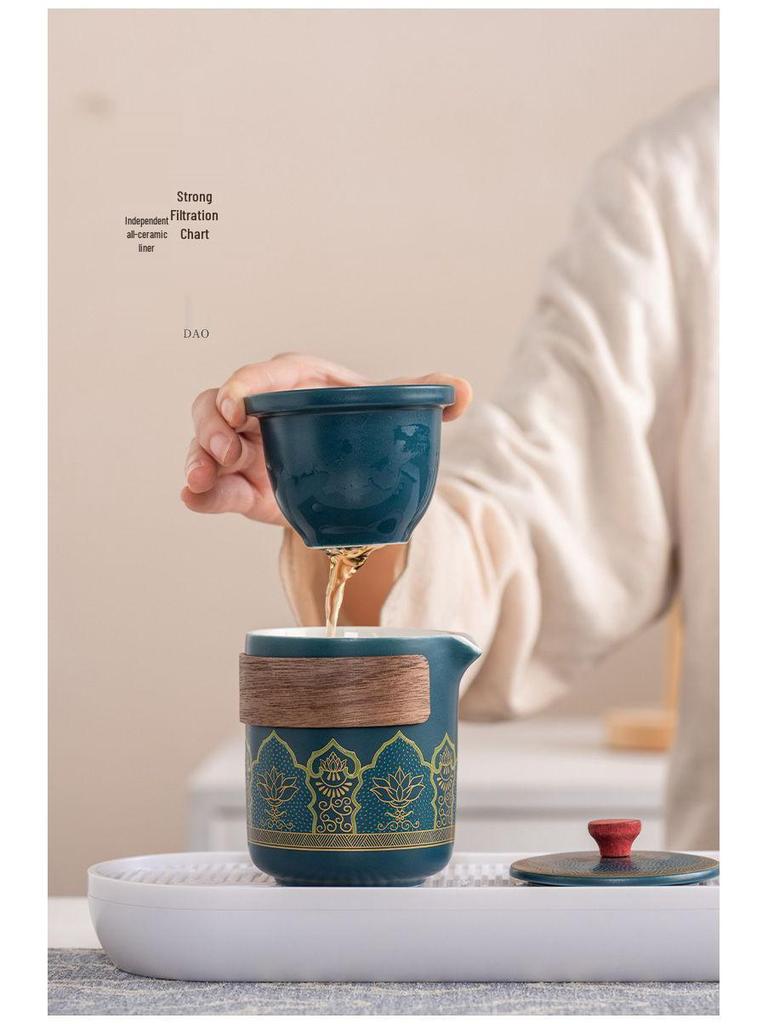 Ancient Charm Ceramic Travel Tea Set: Quick-Brew Pot with Three Cups for Outdoor Use - Customizable Logo Gift