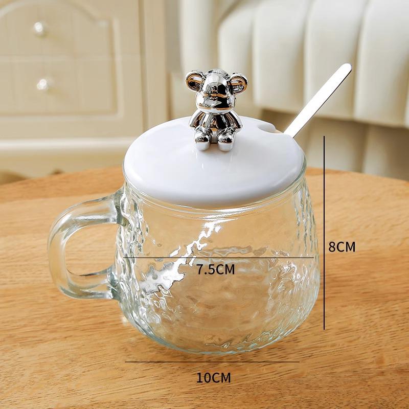 Internet Celebrity Bear Mug: Hammer Pattern Glass with Lid & Spoon, Ideal for Home, Office, or as a Souvenir Coffee Cup.