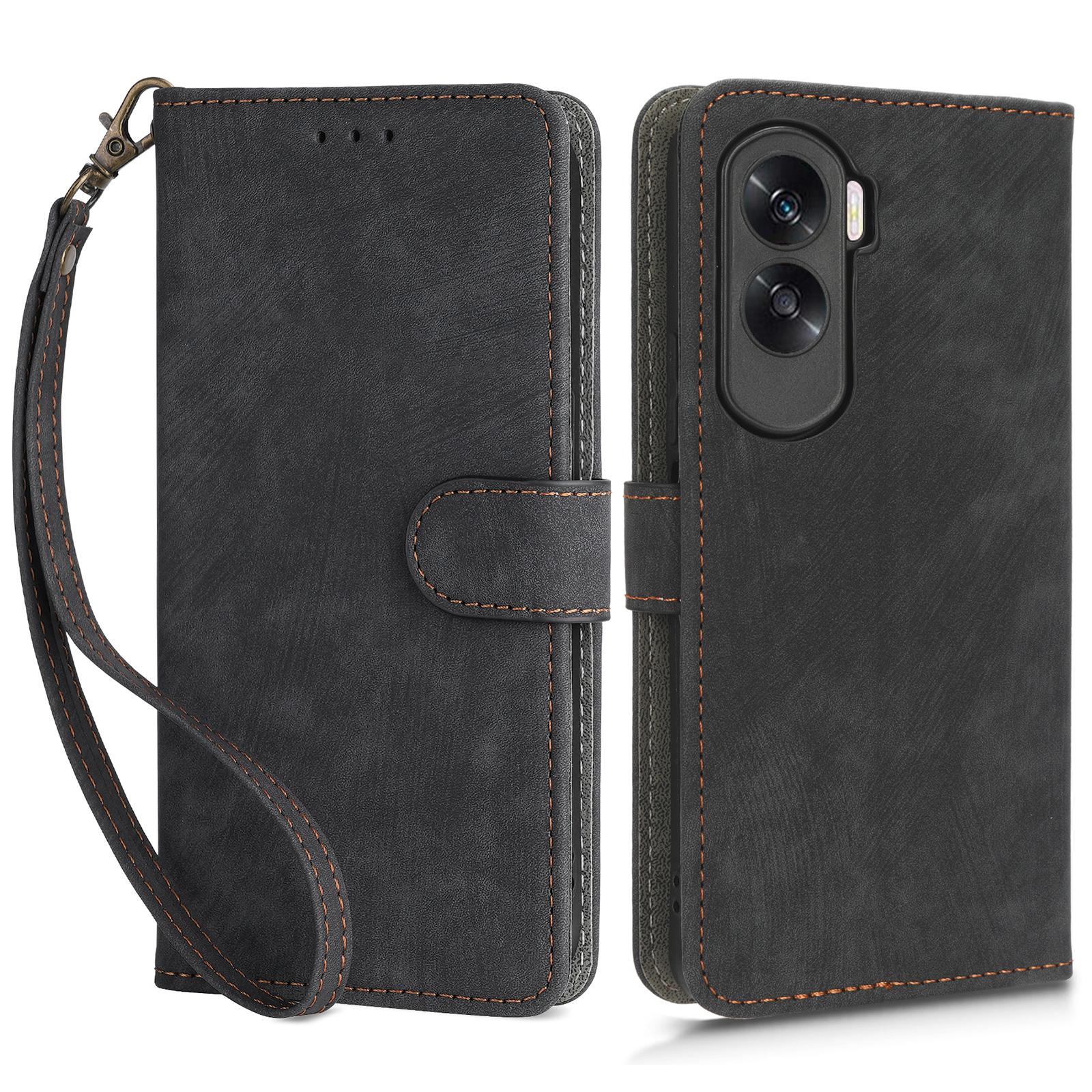 

For Honor 90 Lite 5G/X50i 5G RFID Blocking PU Leather Case Cell Phone Wallet Stand Cover with Strap Black
