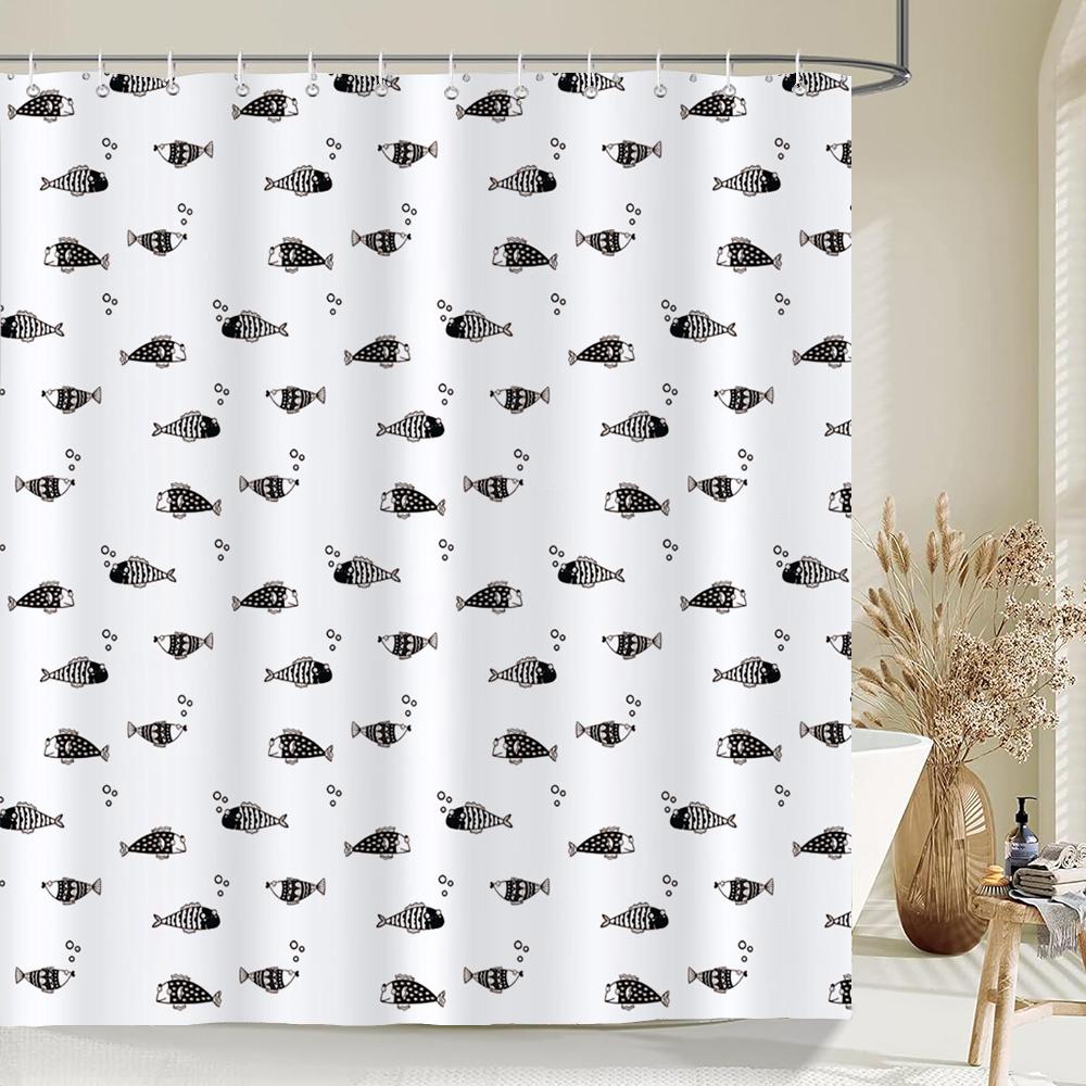 Black and White Simple Cartoon Shower Curtain Washable Polyester Bathroom Curtains Decor Bathtub Partition Curtain With Hooks