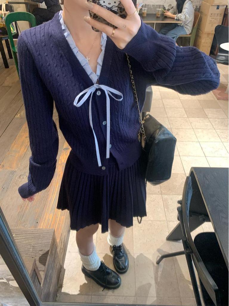 Korean Preppy Ruffle Knit Cardigan & Pleated Midi Skirt Set for Women (Autumn/Winter)