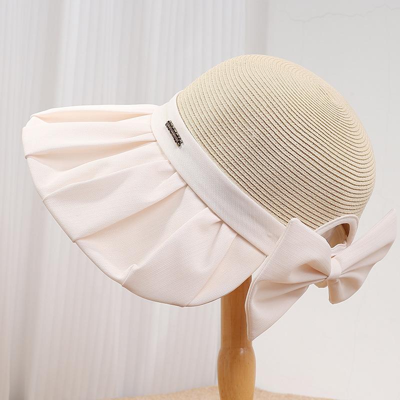 Spring and summer new French straw hat women's big-brimmed sun hat fabric splicing pleated sunscreen hat fine-woven papyrus