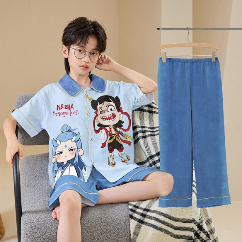 Boys Cotton Pajama Set Thin Sleepwear Cartoon Print Comfortable Home Wear Teens