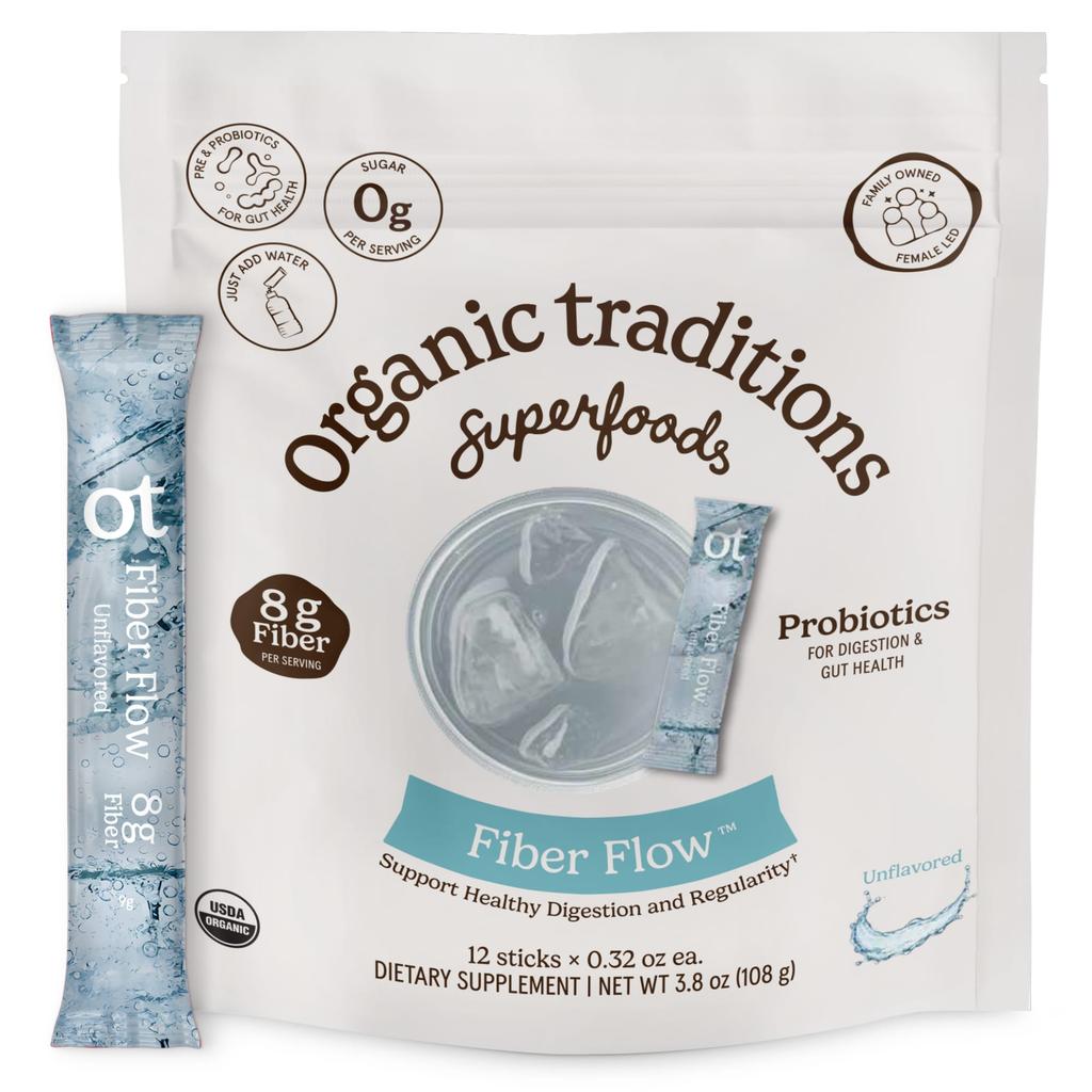 Organic Traditions, Fiber Flow™, Unflavored, 12 Sticks, 9g (0.32oz) each