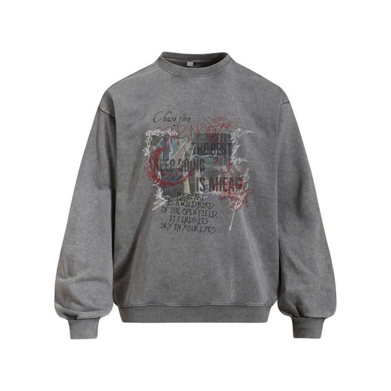 Mens Oversized Streetwear Hoodie Cotton Blend Graphic Print Washed Vintage Crewneck Sweatshirt Fall