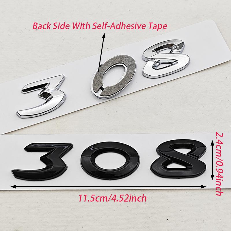 VZQR9 New 3D ABS Chrome Black Car Letters Logo 308 Emblem Sticker Rear Trunk Badge For Peugeot 308 SW GT Line GTI T9 T7 P5 Accessories