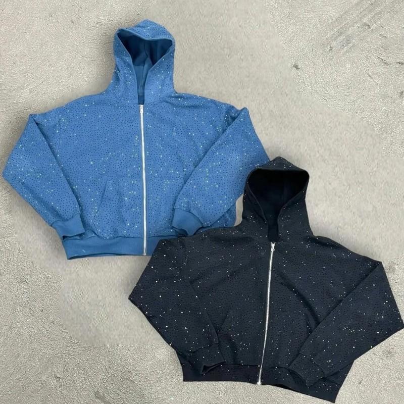 Ins Style Streetwear Hip Hop Hoodie Rhinestone Design Loose Fit Zip Up Sweatshirt