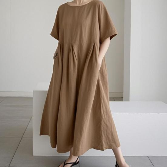Summer Cotton Linen Dress for Women Short Sleeve Crew Neck A-linen Swing Dress Casual Loose Flowy Beach Sundress with Pockets