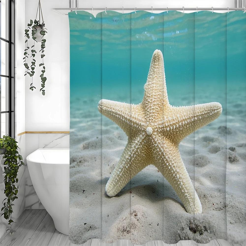 Sprchový závěs Hvězdice na pláži, Dekorativní sprchový závěs do koupelny, Vodotěsný sprchový závěs s háčky