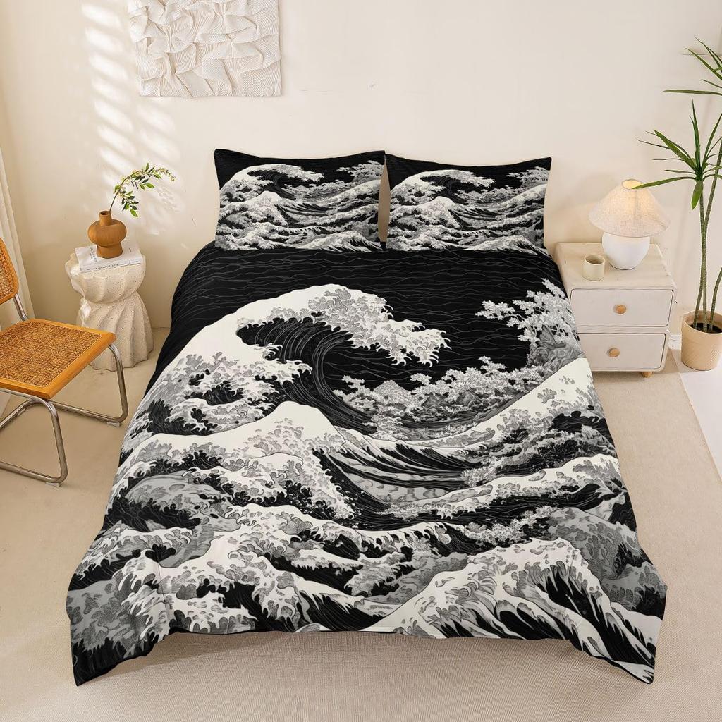 Japanese Wave Bedding Sets,Mount Fuji Sun Painting Duvet Set 2Pcs for Kids Girls Boys Teens Room Decor,Polyester Comforter Cover