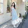 Lace Patchwork Check Suspender Dress Women Summer New Style Loose Fit Slimming Fake Two Piece Dress