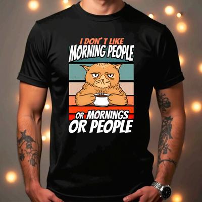 Nie lubię porannych ludzi Zabawny Zły Kot Pije Kawę Mem Retro Męska Koszulka