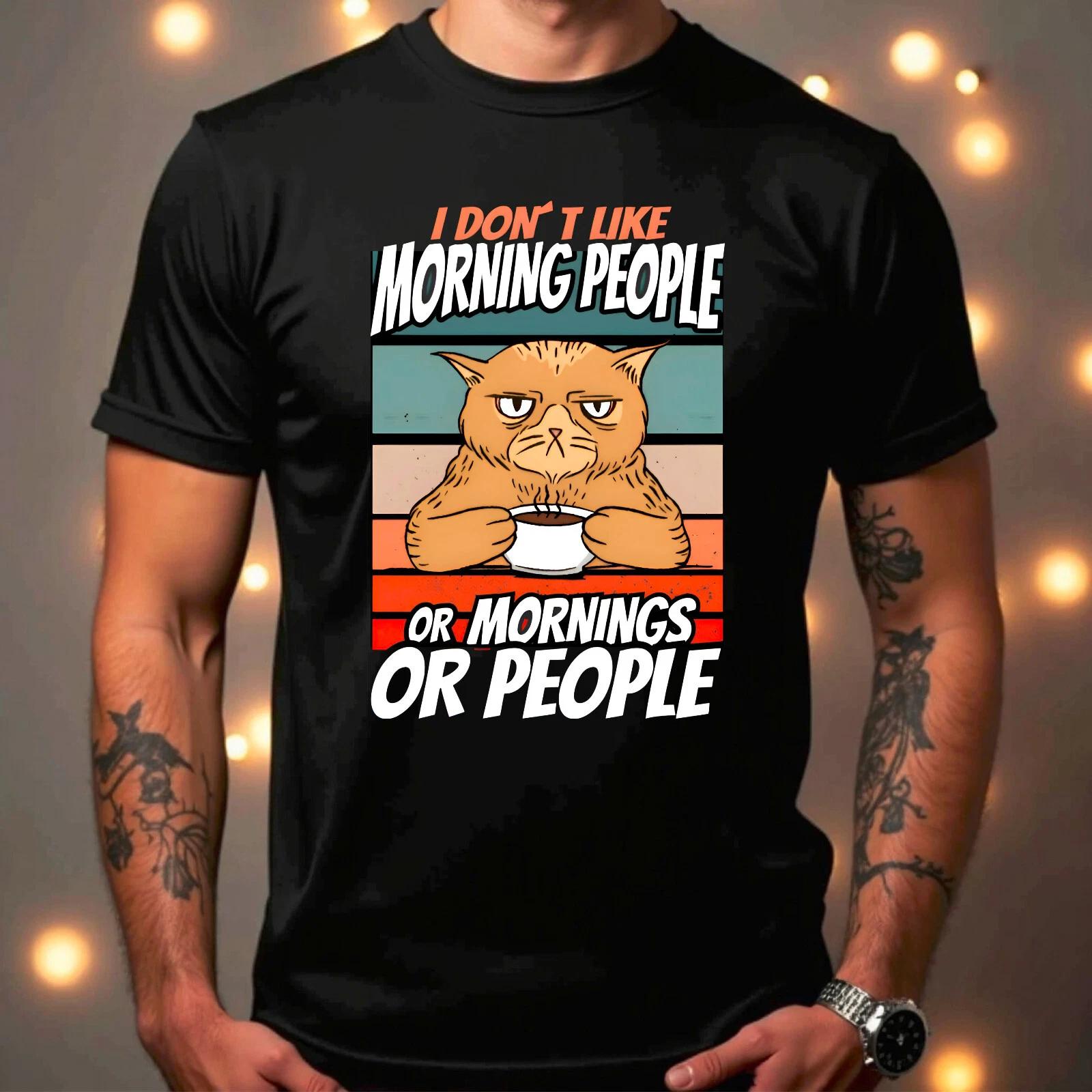 

I Dont Like Morning People Funny Angry Cat Drink Coffee Meme Retro Men s T-Shirt M