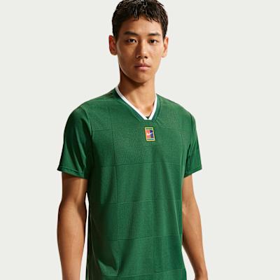 Nike Court Slam Tennis Tops Men s Canyon Green/White V Neck Moderate S