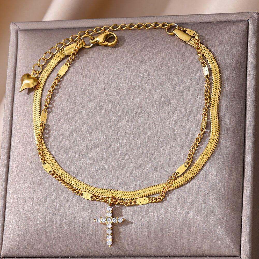 Cross Stainless Steel Cross Anklet Golden Zircon Cross Anklets Double Layered Ankle Chains  Woman