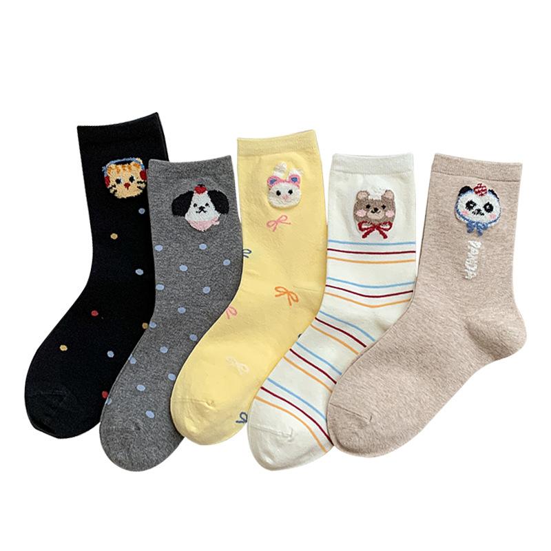 Cute Female Cartoon Mid-calf Socks for Women, Plush Bear Polka Dot Sweet Boneless Women's Socks