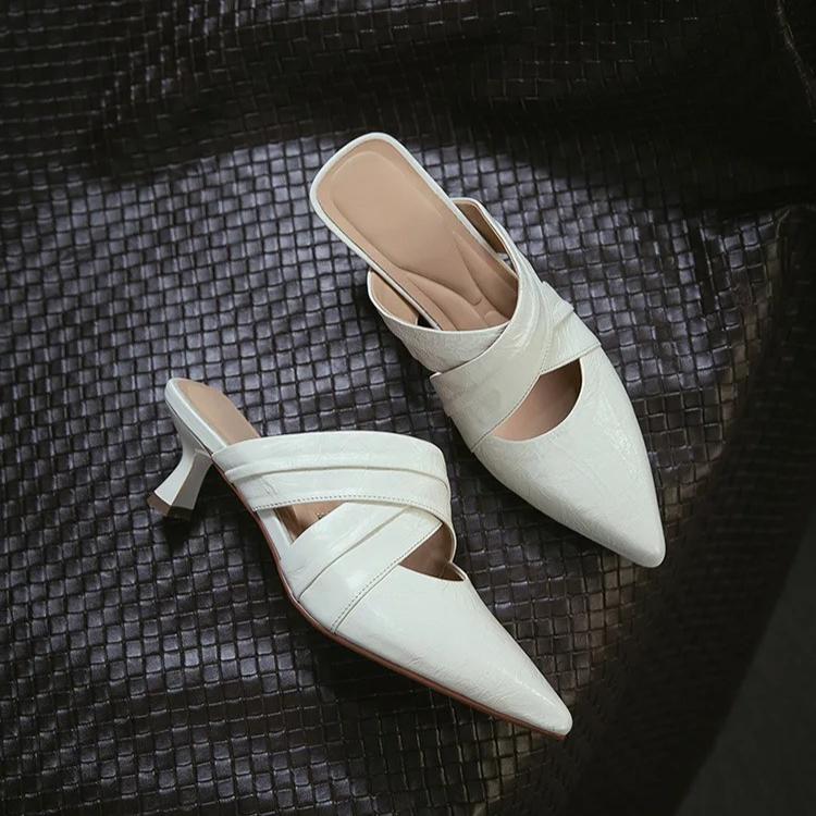 Johnature Temperament Spitse Neus Dunne Hak Slippers Echt Leer Modieus Veelzijdige Dames Slip-on Schoenen