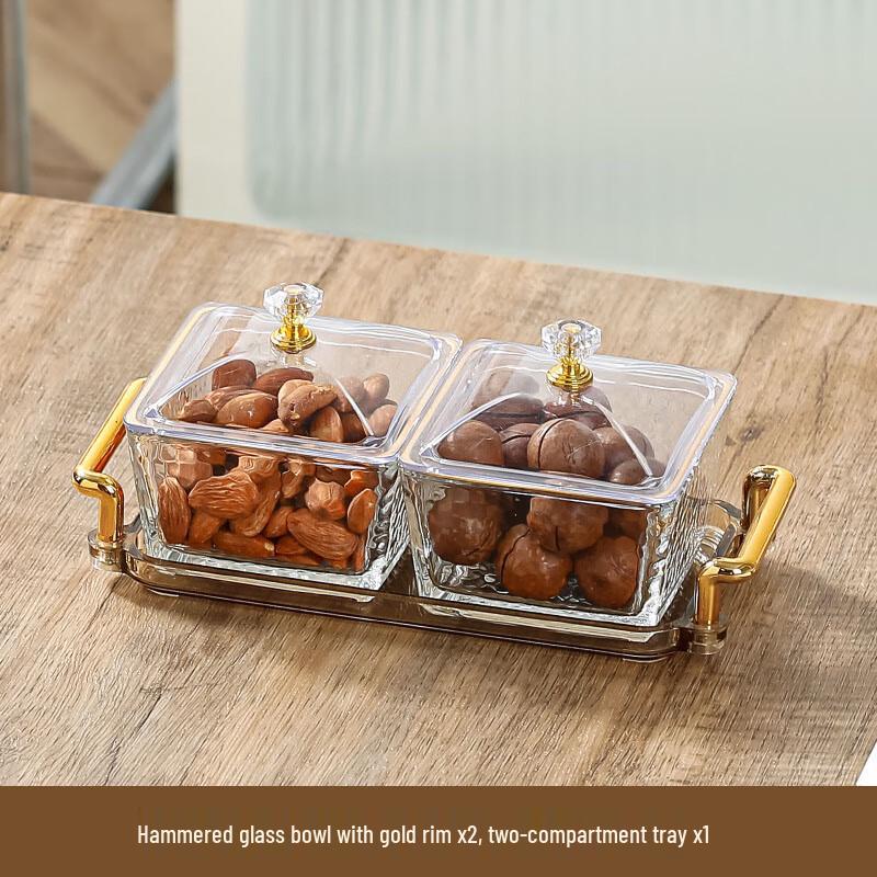 Luxury Glass Snack & Fruit Tray Two-Compartment Tray with Hammered Gold Rim & Lid