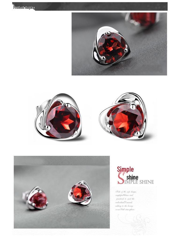 Sterling Silver Garnet Red Heart Stud Earrings - Korean Style