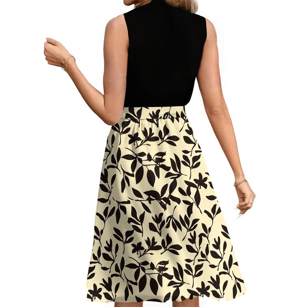 Women's Fashion Casual Lace-up Sleeveless Round Neck Splicing Short Dress