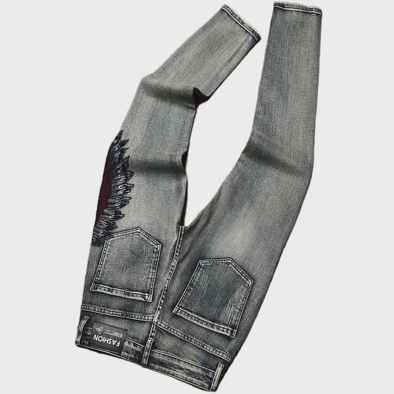 Men's Trendy Elastic Slim Fit Ripped Embroidered Jeans for Spring and Autumn High-Street Style