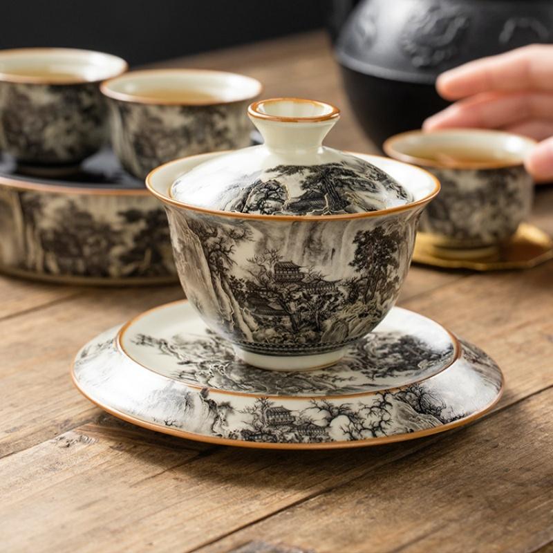 Juego de Gaiwan de Porcelana Paisaje Horno Ru de 170 ml para Taza de Té Tureen Vajilla Tazas Chinas Amarillas Cerámica Apertura Cuencos de Té Ceremonia del Té