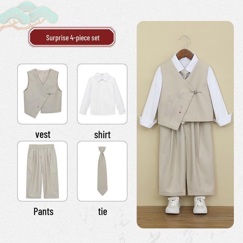 Boys' Chinese-Style Embroidered Velvet Vest and Suit for Autumn/Winter Photography and Performance