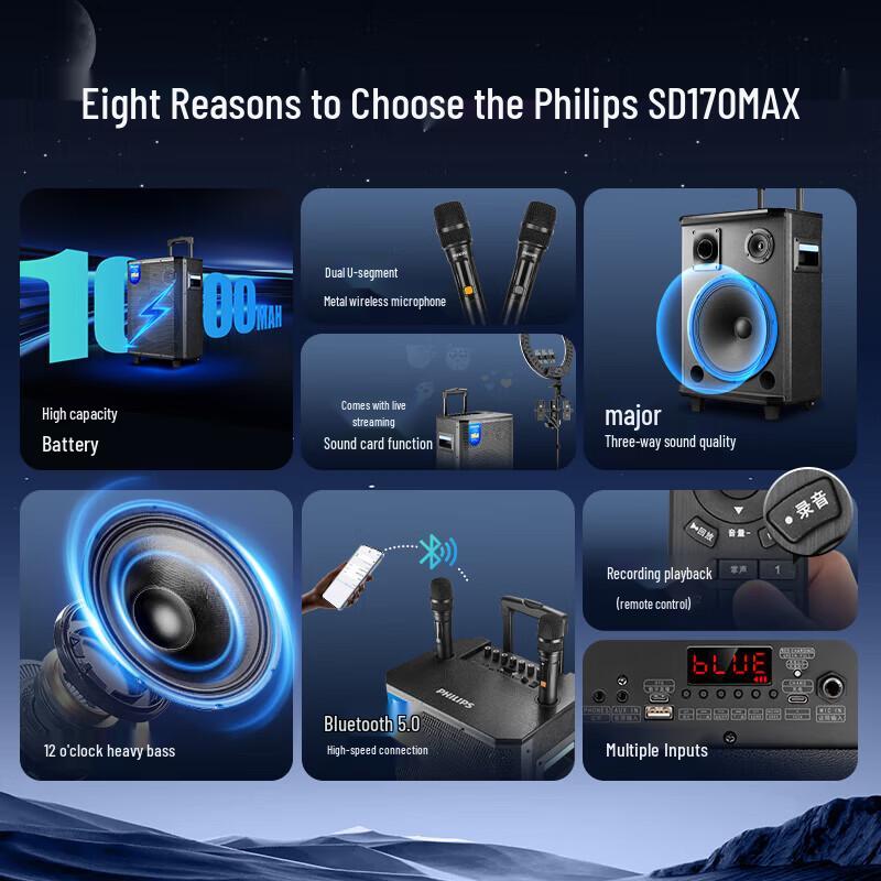 Philips SD170MAX 12-inch Portable Bluetooth Karaoke Speaker CN plug (adapter included)