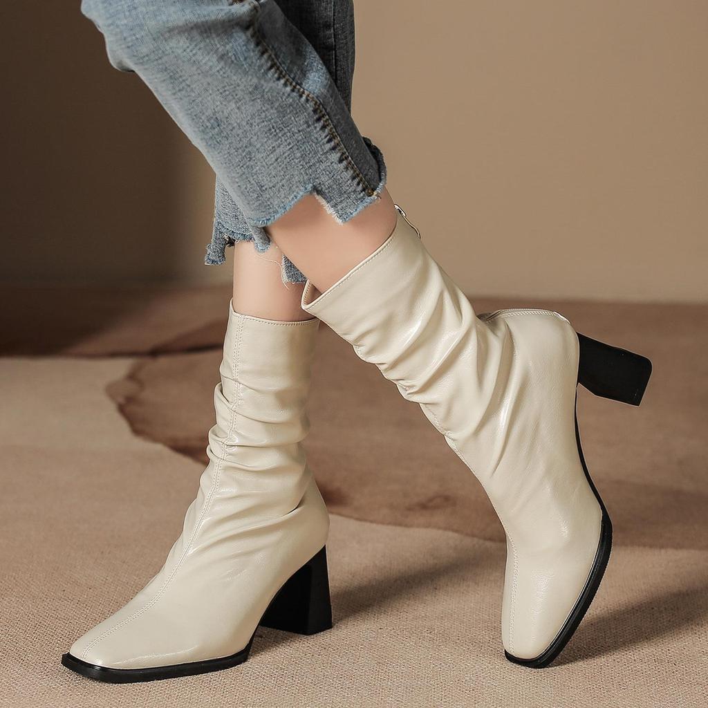 Pleated Retro French Ankle Boots with Velvet Lining, Mid-Calf Height, Back Zipper, and Slim Square Toe for Women.