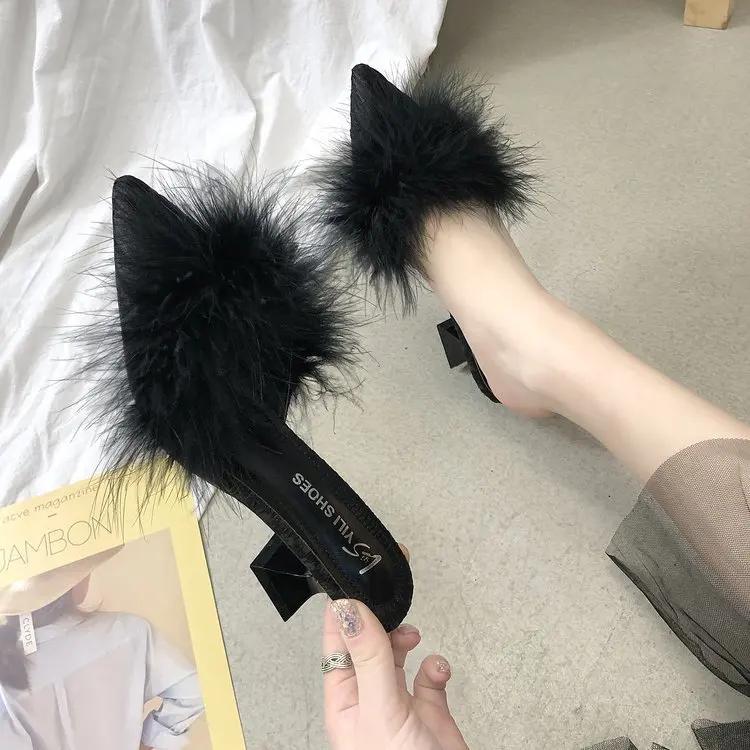 Women's Half Slippers New Summer Sexy Pointed Temperament High-heeled Slippers Female Fashion Furry High Heels Solid Slides2025