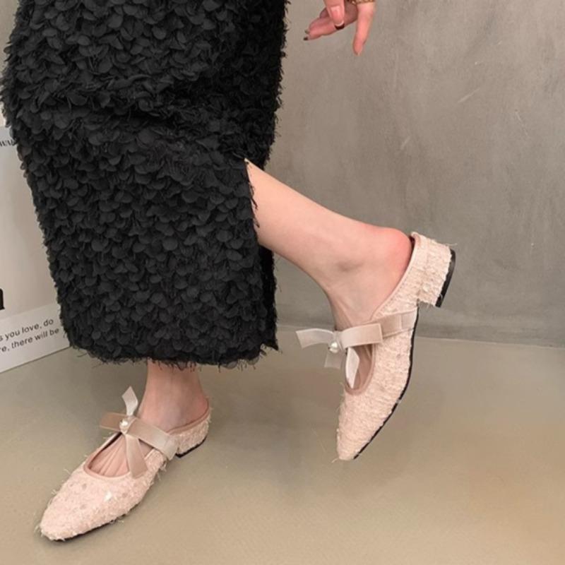 Fashion Fashion Baotou Slippers Spring New Square Head Shallow Mouth Glitter Cloth Butterfly Knot Soft Sole Non-slip Low Heel Shoes