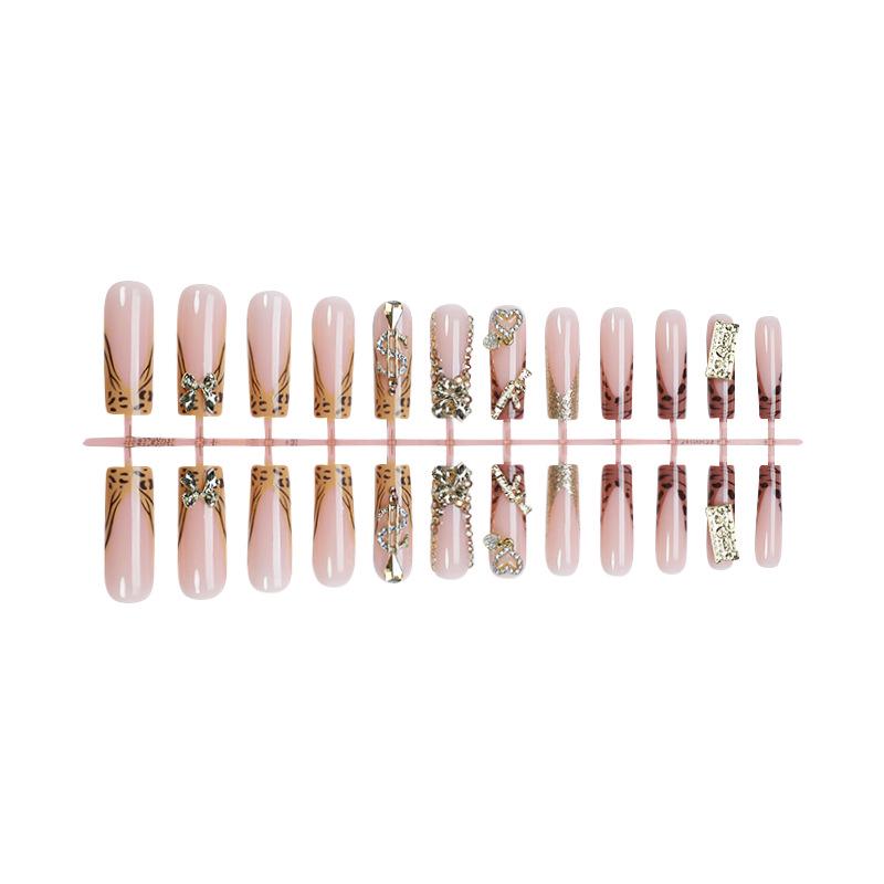 European/American Bowknot Rhinestone Leopard Long False Nails with Gold Inlay.