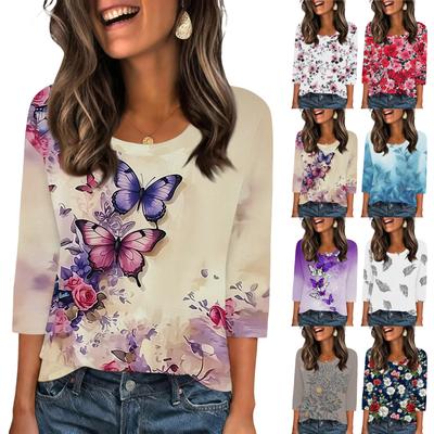 Camisas de 3/4 para Mujer Estampado Lindo Gráficos Blusas Casuales Tallas Grandes Tops Básicos Jersey