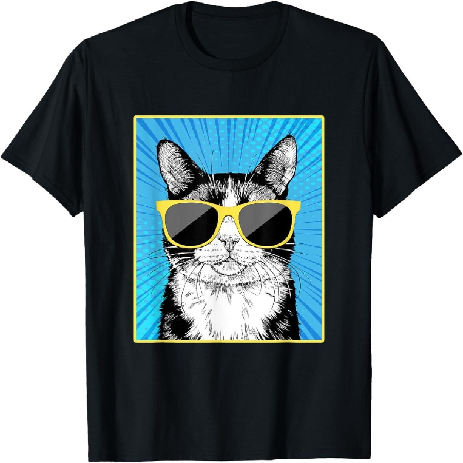 Tuxedo Cat Portrait Pop Art Cat with Sunglasses T-Shirt S