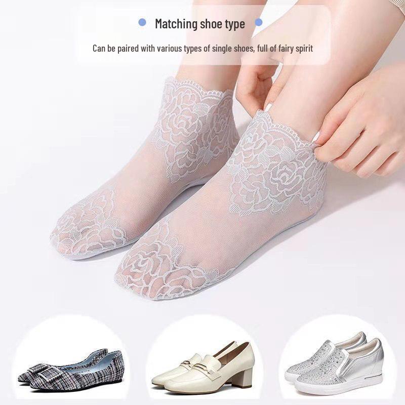 Women's Rose Lace Silk Low-Cut Socks - Spring/Summer Trendy Invisible Boat Style
