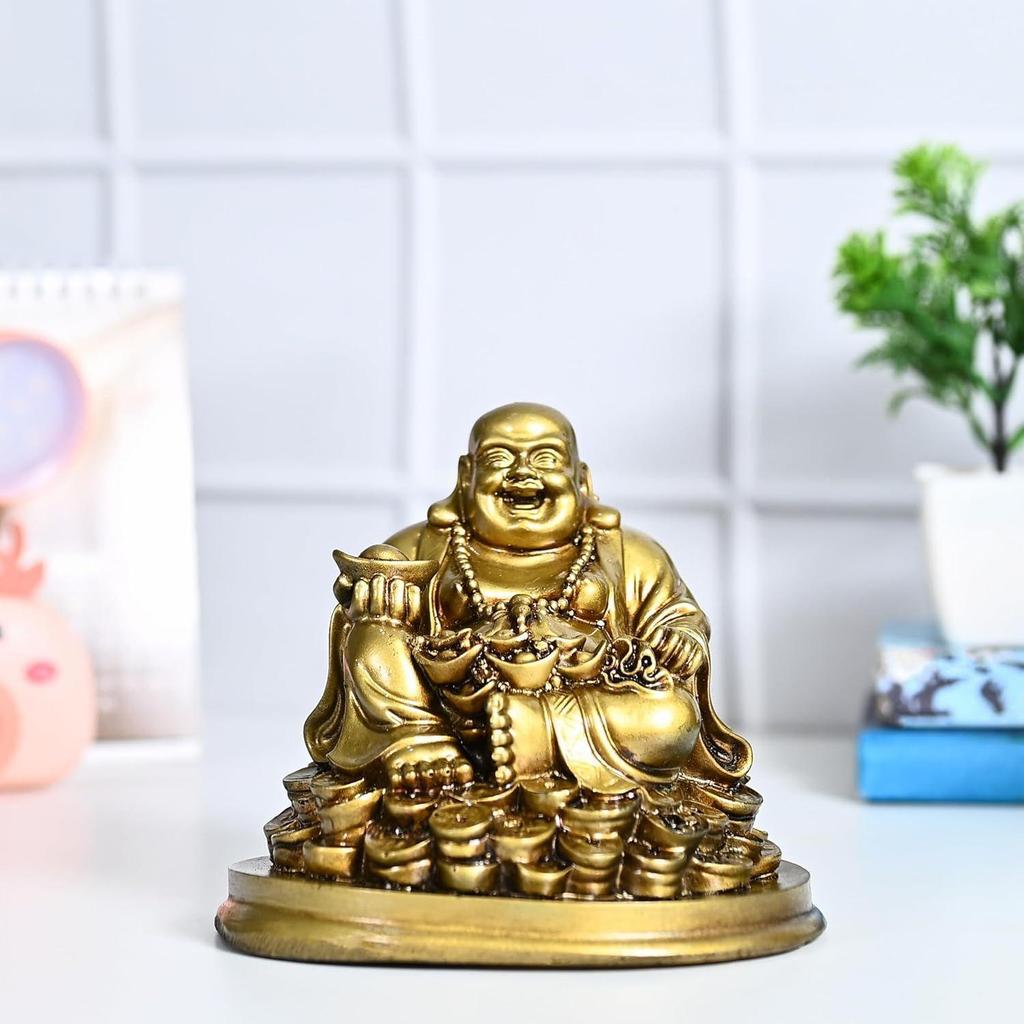 Buddha Idol – Feng Shui Figurine Laughing Buddha Sitting On Luck Money Coins | Golden Ingot for Good Luck & Happiness