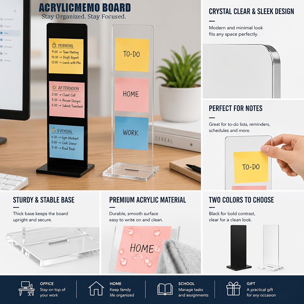 Detachable Transparent Acrylic Memo Board Desktop Screen Holder Office Adhesive Message Display Stand Study Working Daily Use