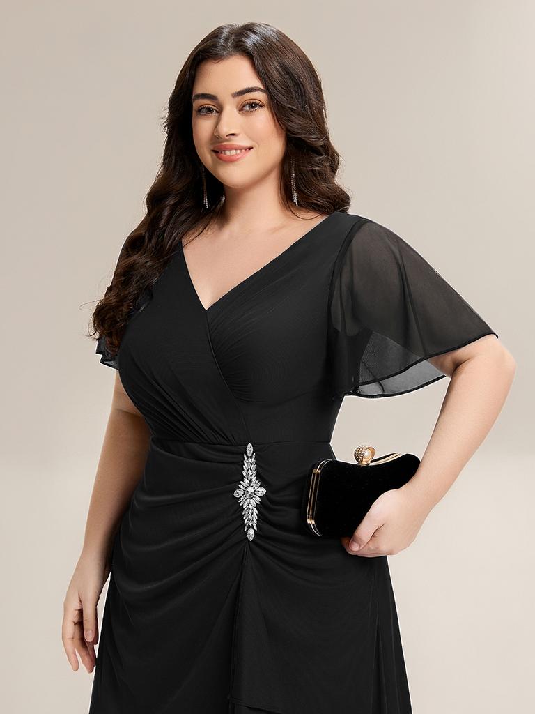 Ever-Pretty Women's Plus Size Formal Dress Short Sleeve Ruffled Deep-V Neck Chiffon Slit Mother of the Bride Dress with Rhinestone-Embellished
