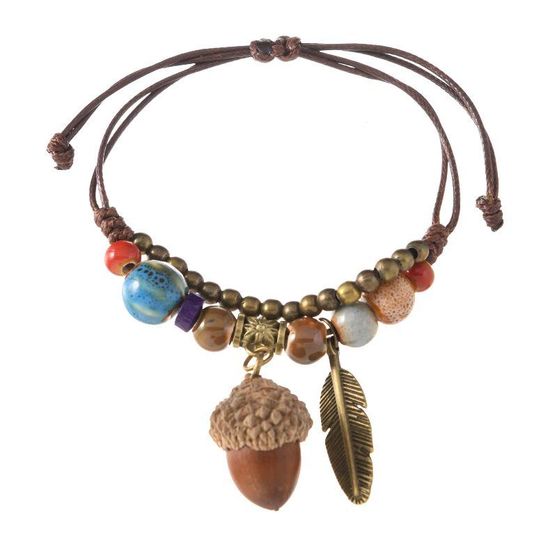 Hand woven ceramic plant acorn bracelet natural fruit hand rope retro literary bracelet women