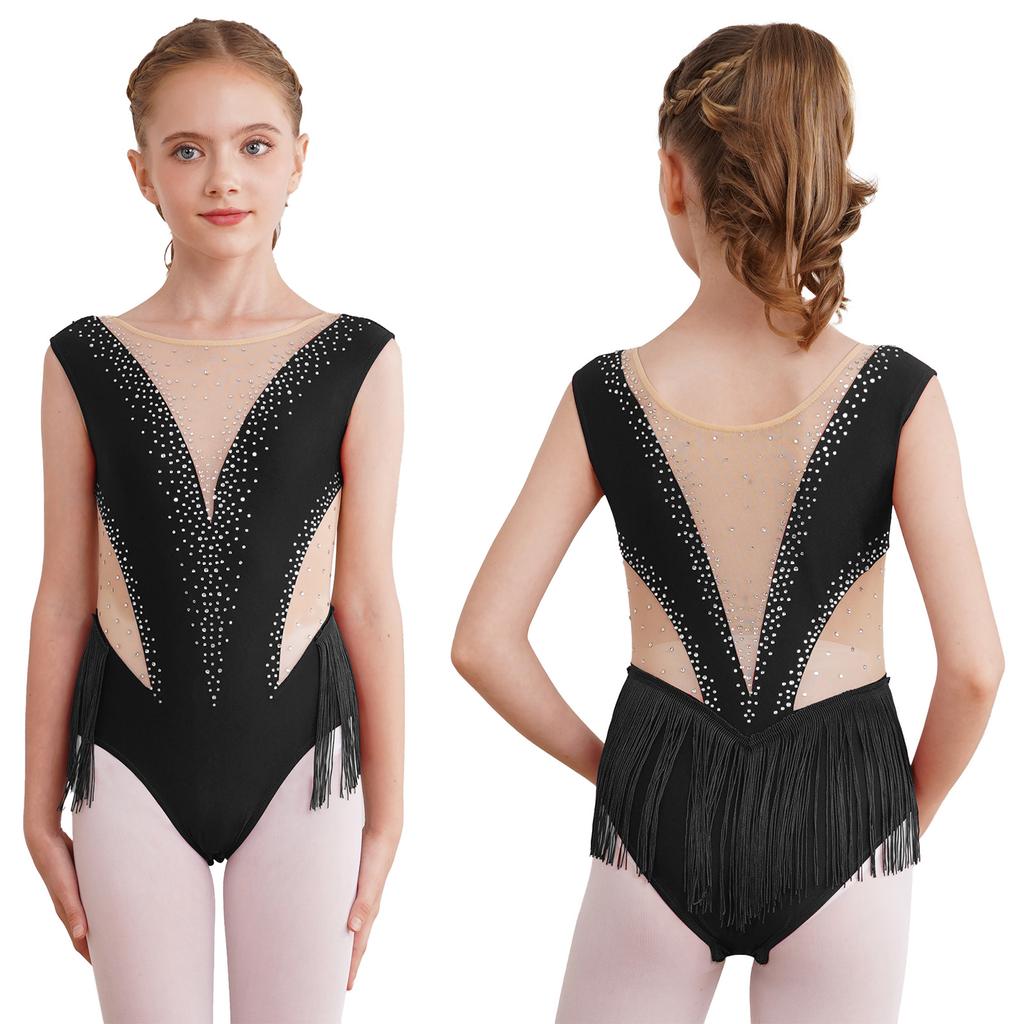 Kids Girls Ballet Latin Dance Leotards Figure Skating Performance Costume Shiny Rhinestone Tassel Gymnastics Bodysuit Dancewear